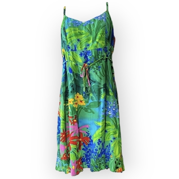Jams World Women's Green Multicolor Sea Flower Sundress With Belt Size XL - Picture 2 of 16